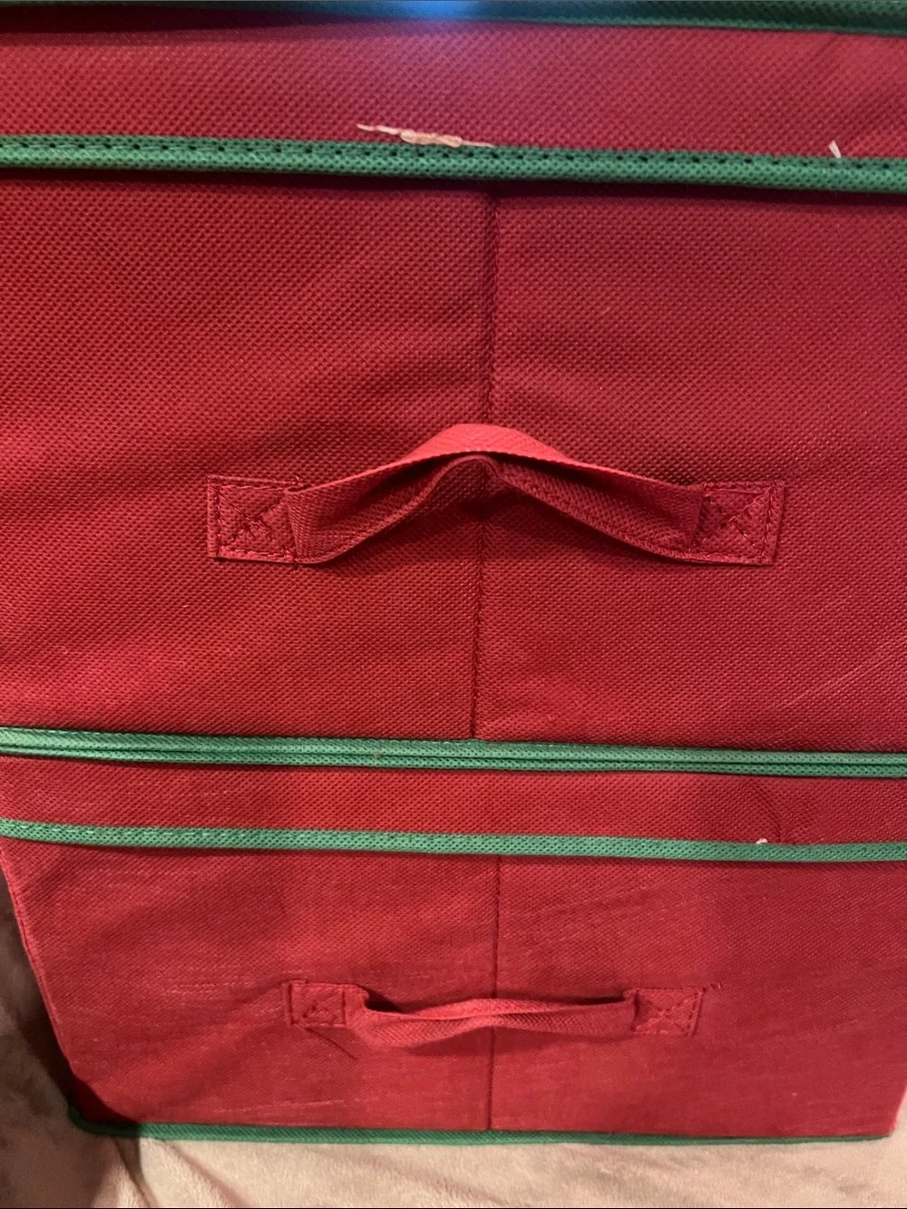 Festive Red Holiday Ornament Storage Bin with Green Trim